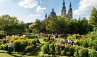 Ein Garten im Sonnenschein mit dem Dom im Hintergrund