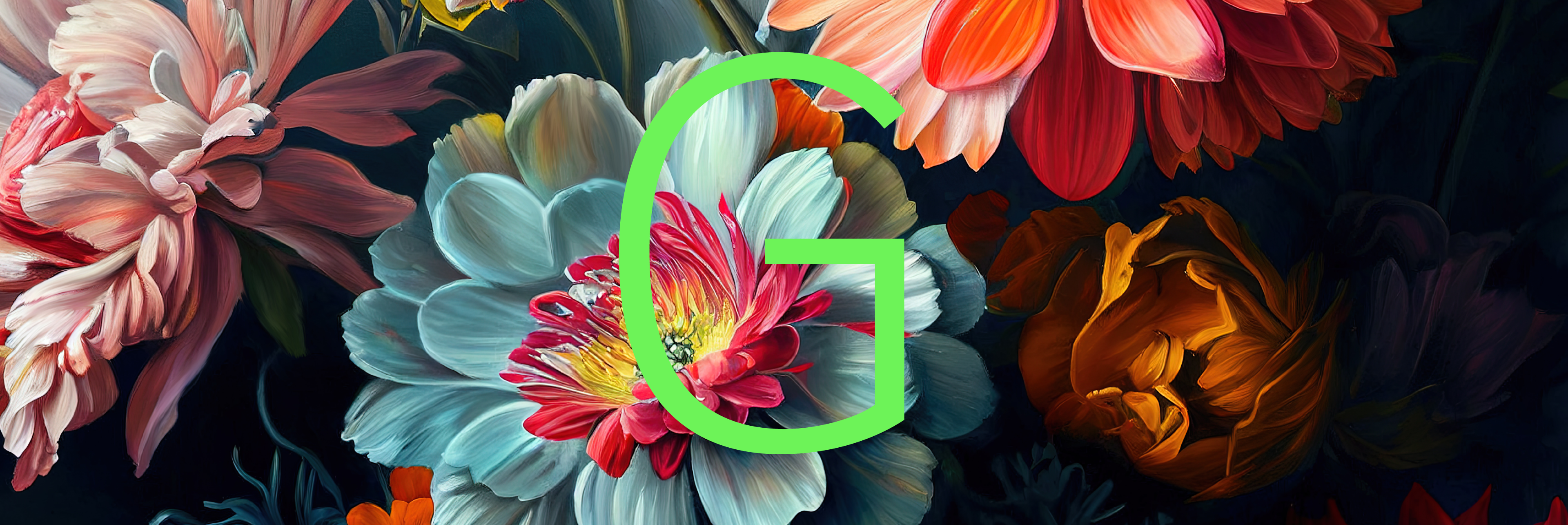 Eine Grafik mit bunten Blumen und einem grünen Buchstaben "G" im Zentrum